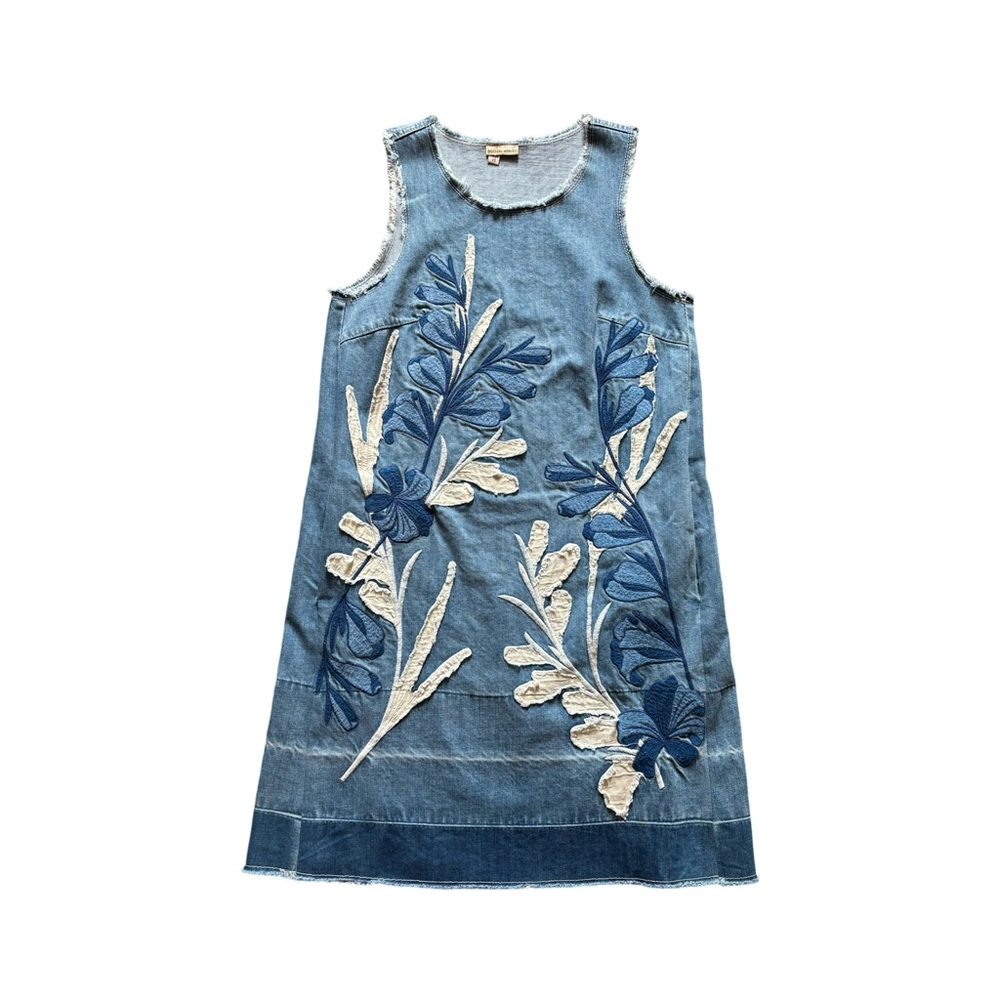 Anthropologie Holding Horses Denim Raw Hem Dress Floral Embroidery Sz XS